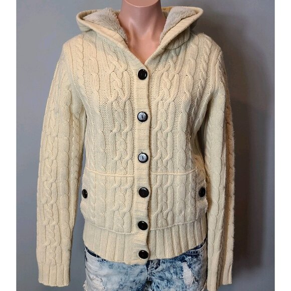Vtg GAP Sweater Womens Medium Cable Knit Wool Faux Fur Hood Cardigan Chunky Y2K - Picture 1 of 15